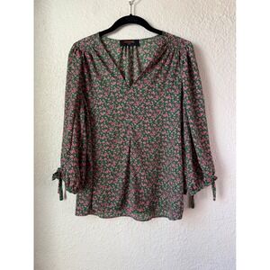 reneec USA Women's Green Pink Floral Print V Neck Cottagecore Blouse M